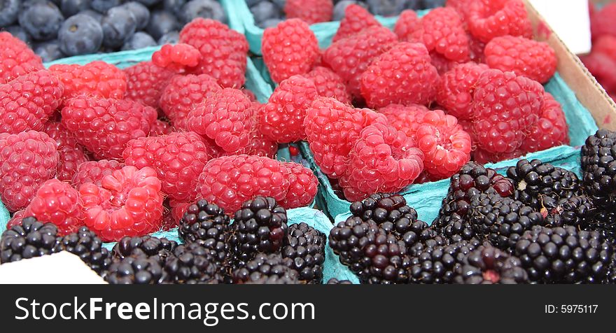 Brightly colored raspberries and blackberries at the market.