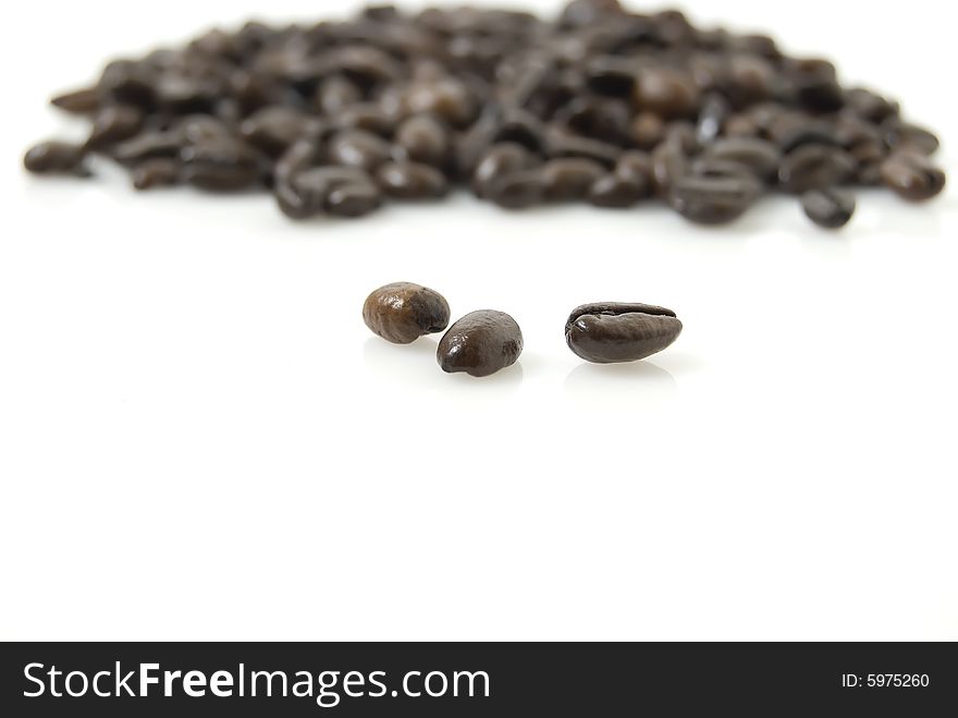 Closeup shot of coffee beans against white background with Tarragon herb on top