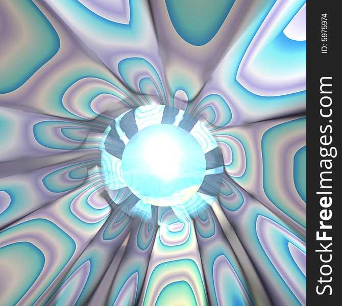 A Crystal Ball centered kaleidoscope of aqua blue colors. A Crystal Ball centered kaleidoscope of aqua blue colors