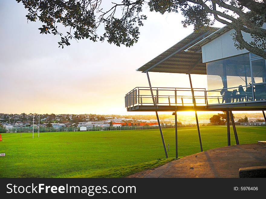 Modern building in sunset light