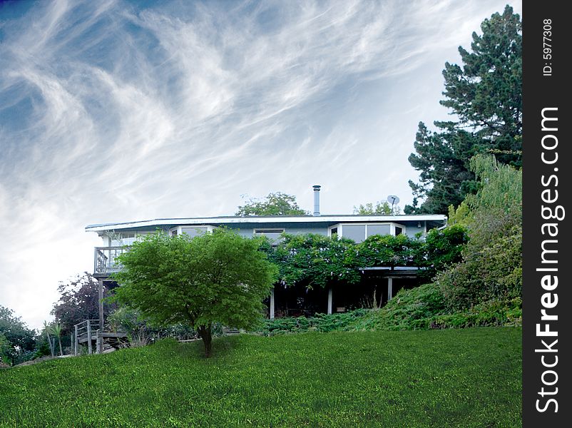 A huge new luxury home at sunset