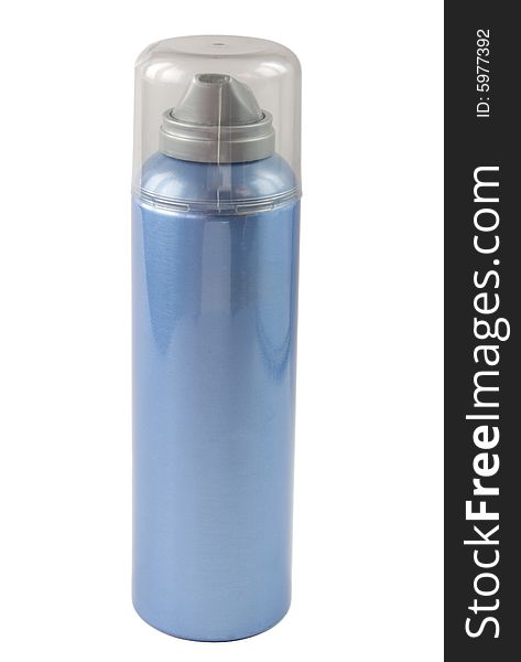 The dark blue aerosol stands on a cover on a white background is isolated.
