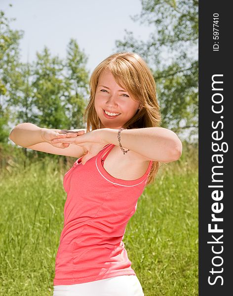 Girl works out in the park