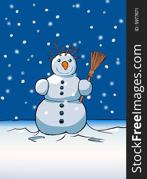 Snowman with besom in his hand