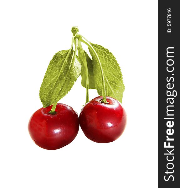 Two red sweet cherries isolated on white background. Two red sweet cherries isolated on white background