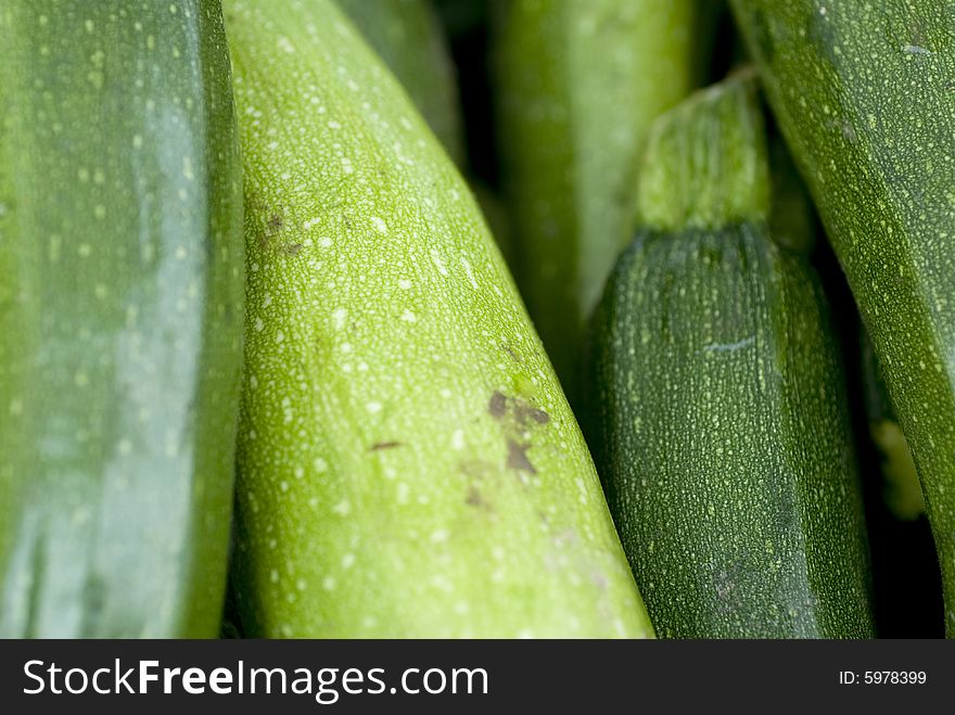 Several pale green zucchini on a cloudy day.