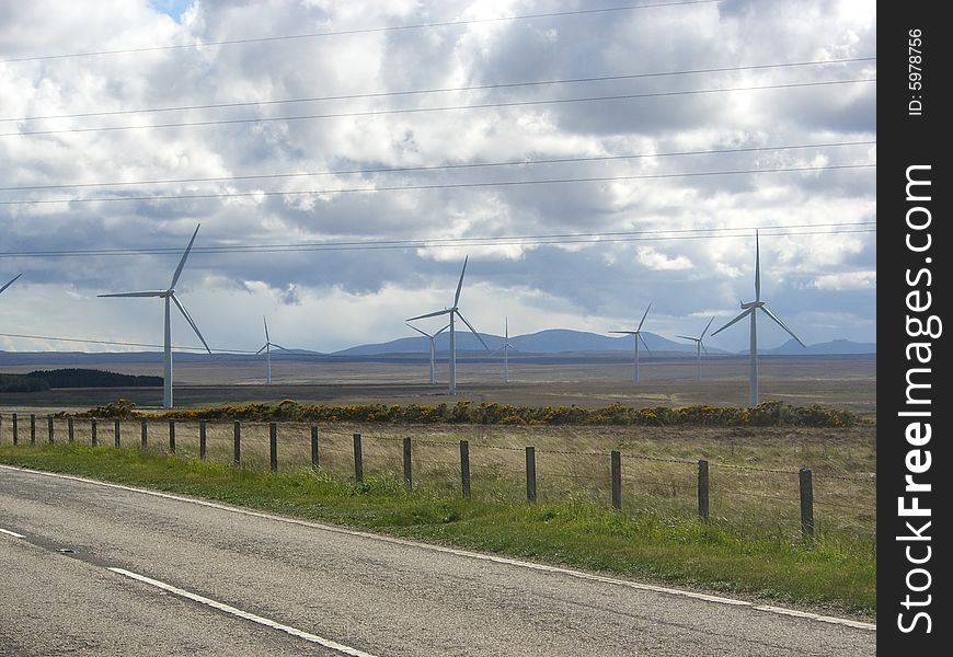 Wind farm beside road Sutherland Scotland