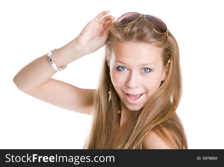 Beautiful girl with the surprised face isolated on a white background
