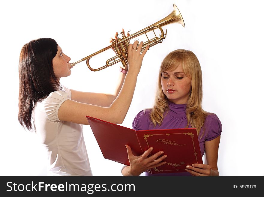 Two girls congratulate on white background