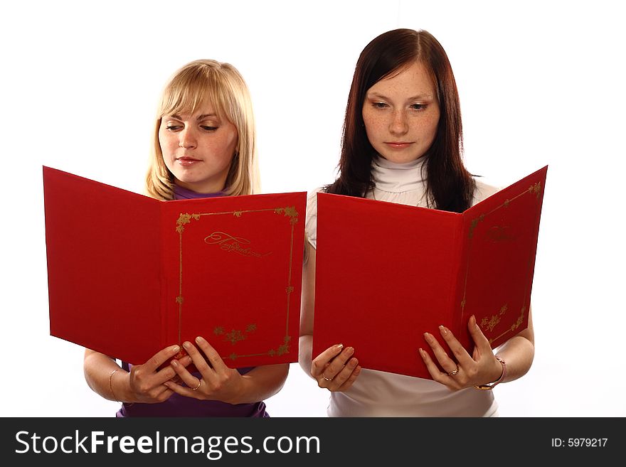 Two girls read congratulation on white background