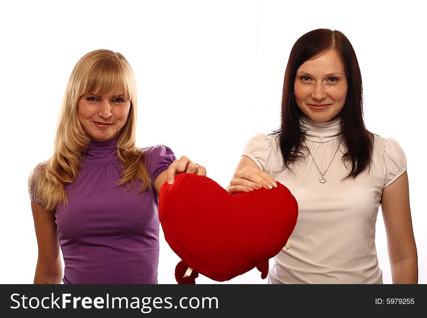 Two girls with heart on white background