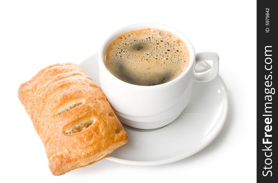 Appetizing pie and cup of coffee on a white background