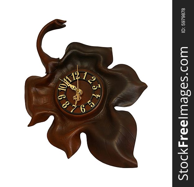 Wall clock in the shape of leaf. Isolated object. Wall clock in the shape of leaf. Isolated object