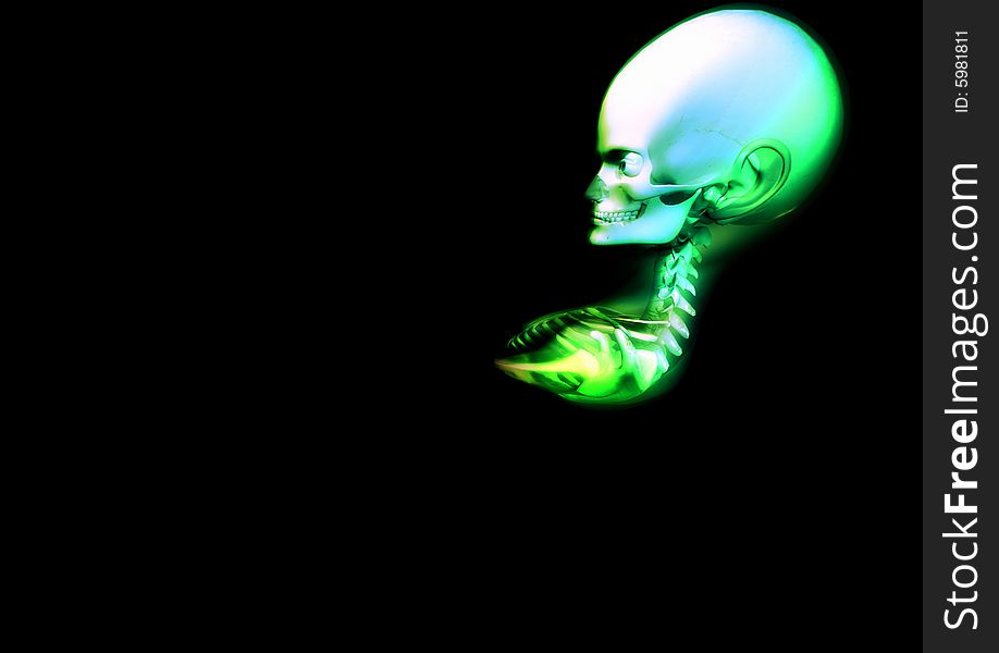 A distorted green skeleton that would make an interesting medical or Halloween image.