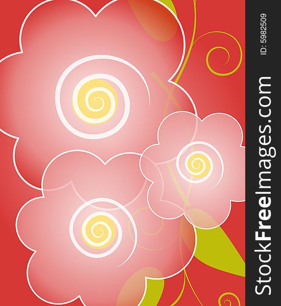 A background illustration featuring light pink flowers with spiral white centers on red. A background illustration featuring light pink flowers with spiral white centers on red