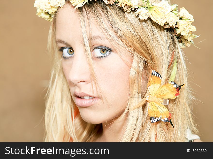Natural beautiful women with diadem and butterfly. Natural beautiful women with diadem and butterfly