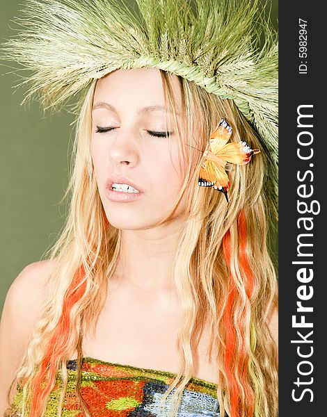Natural beautiful women with diadem and butterfly in hair. Natural beautiful women with diadem and butterfly in hair