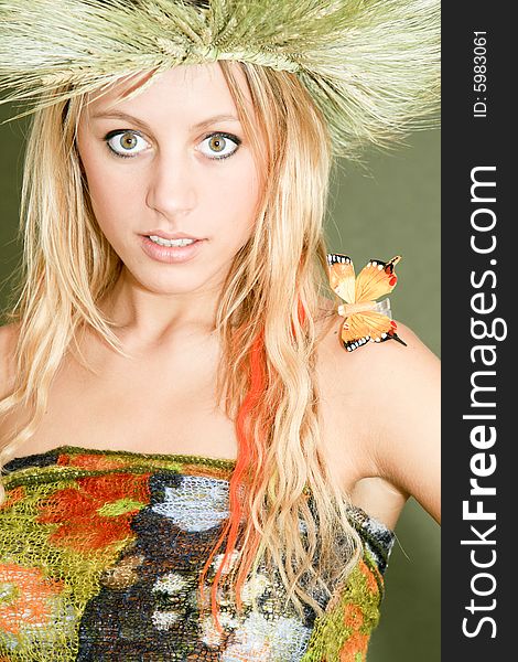 Natural beautiful women with diadem and butterfly in hair. Natural beautiful women with diadem and butterfly in hair