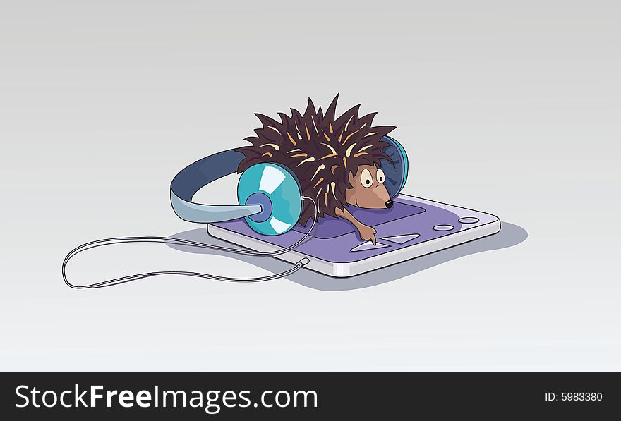 The hedgehog listening music aloud through big headphones and sitting on top of the music player. The hedgehog listening music aloud through big headphones and sitting on top of the music player.