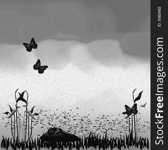 Abstract landscape with butterflies and grass in charcoal. Abstract landscape with butterflies and grass in charcoal