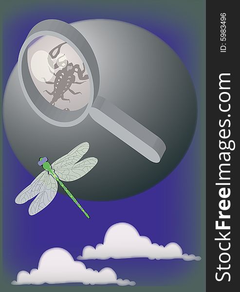 Scorpion on the moon under a magnifying glass watched by dragonfly