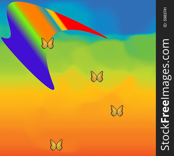 Abstract landscape with butterflies and warped sun vibrant colours