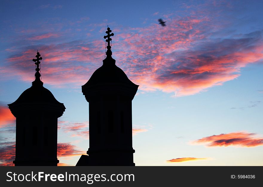 Church towers silhouette and blue sky. Church towers silhouette and blue sky