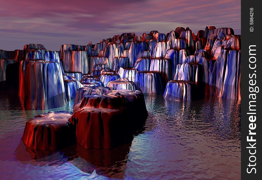 Rendered rock formations with red and blue light