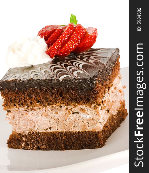 Piece of chocolate cake with strawberry