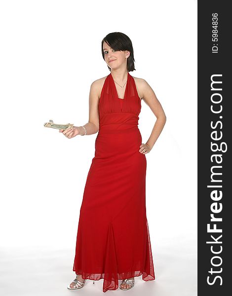 Pretty teen in red gown with american money. Pretty teen in red gown with american money