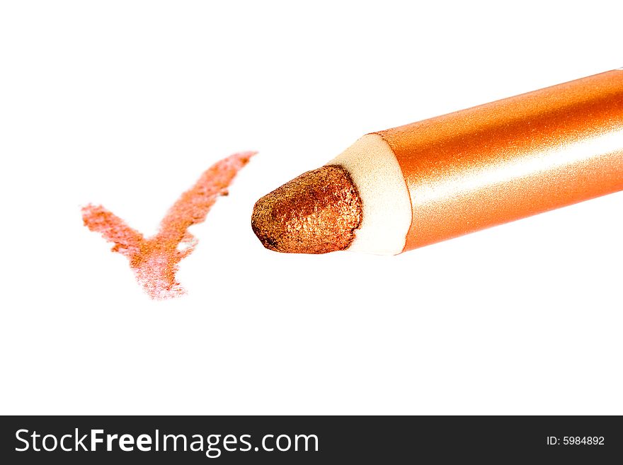 Orange pencil for lips on white background