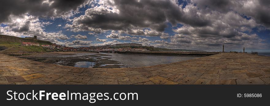 Panorama of Whitby harbor, UK