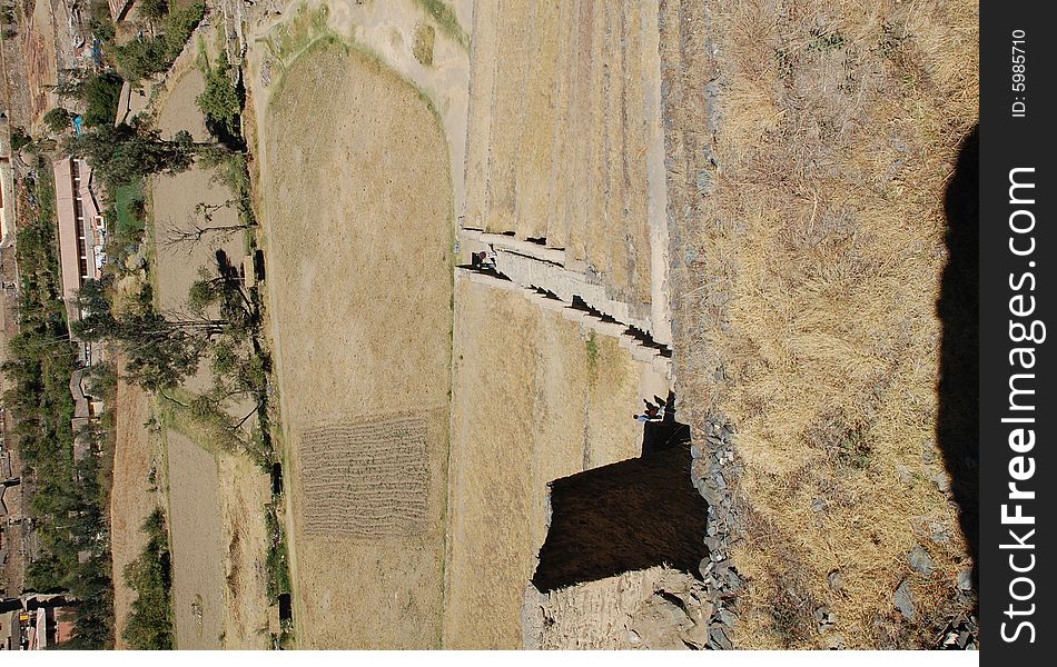 This picture is of the incan stairs looking down from the ruins of ollayantambo peru. This picture is of the incan stairs looking down from the ruins of ollayantambo peru