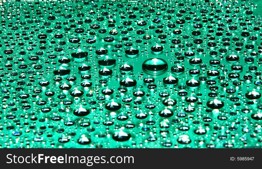 Drops of water on a green background in a view of the sun. Drops of water on a green background in a view of the sun