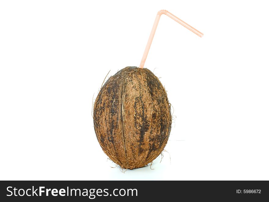 Single coconut with straw isolated on the white background