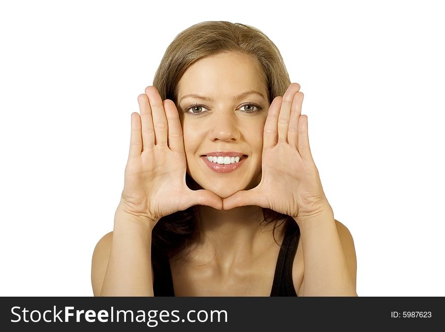 Woman framed her face with her hands. Woman framed her face with her hands