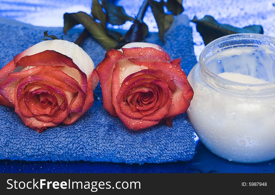 Cream, towel with rose on blue background