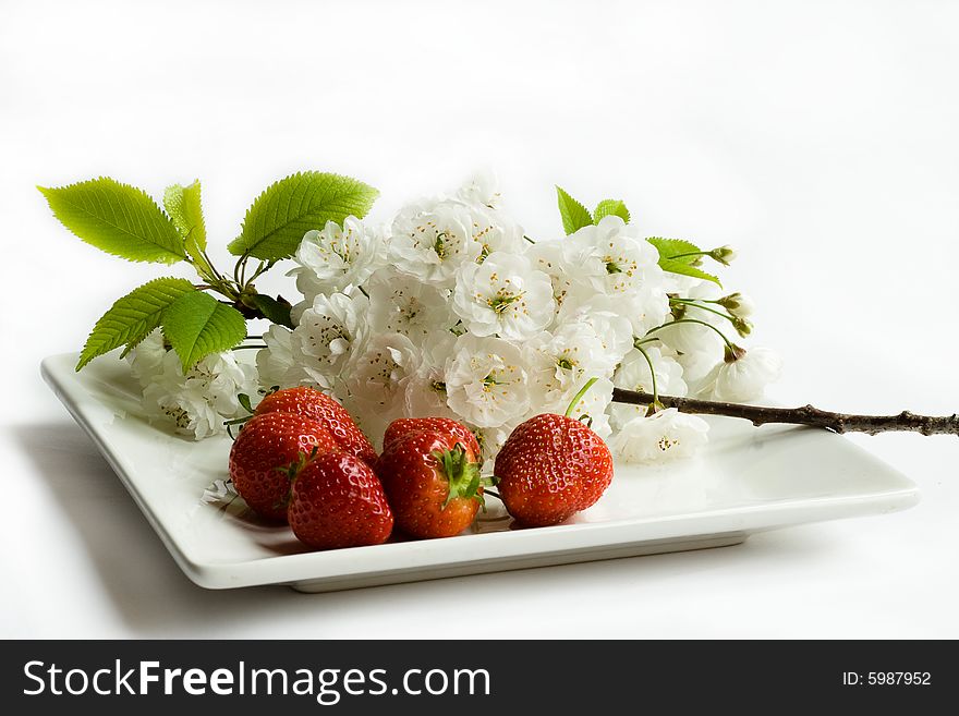 White plate with cherry flowers and strawberries. White plate with cherry flowers and strawberries