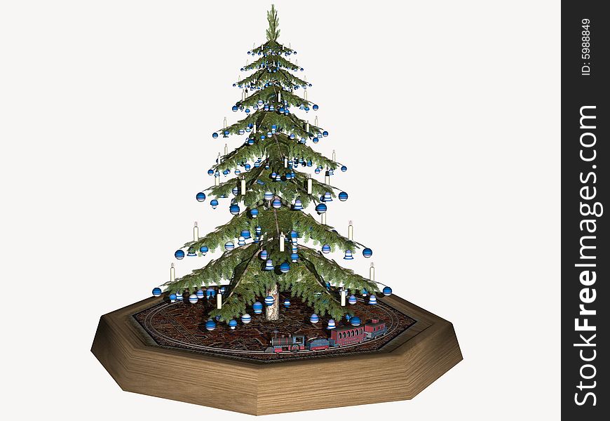 Traditional Christmas tree on stand with  train set underneath.  Three Dimensional models, computer generated image.