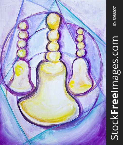 Cubist painting of three golden bells. Cubist painting of three golden bells.