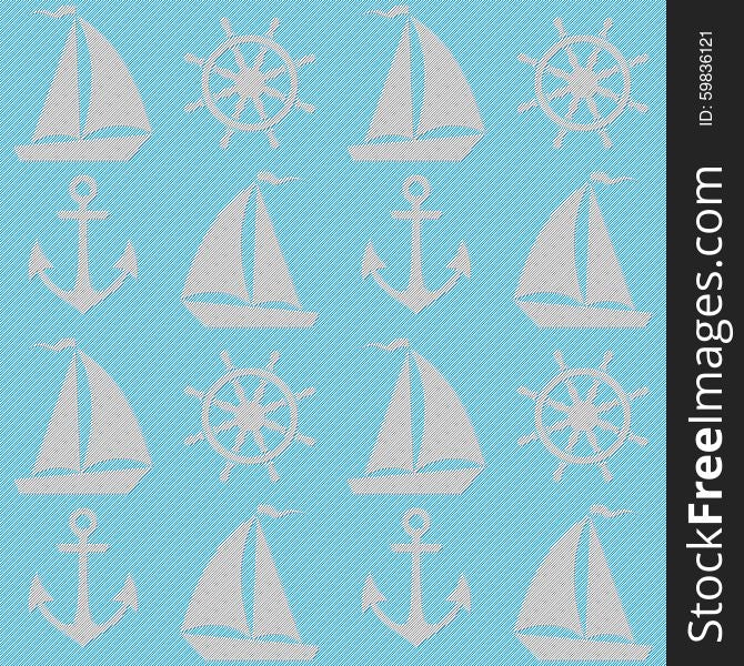 Blue seamless pattern with boats, anchors and helms.
