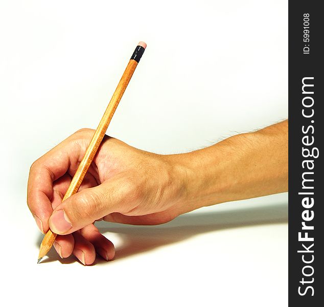 A hand holding a pencil contrasting a white background. A hand holding a pencil contrasting a white background