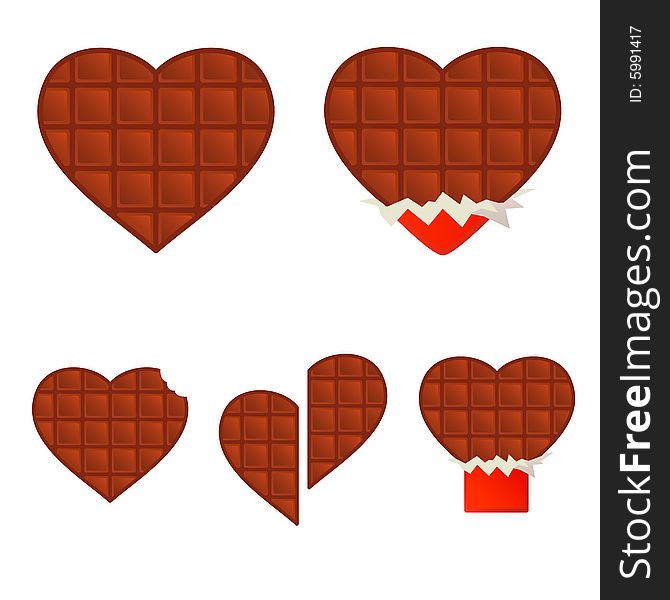 Different chocolate hearts - in a wrapper and without. There is a taken a bite heart and pulled down half-and-half. Bon appetit.