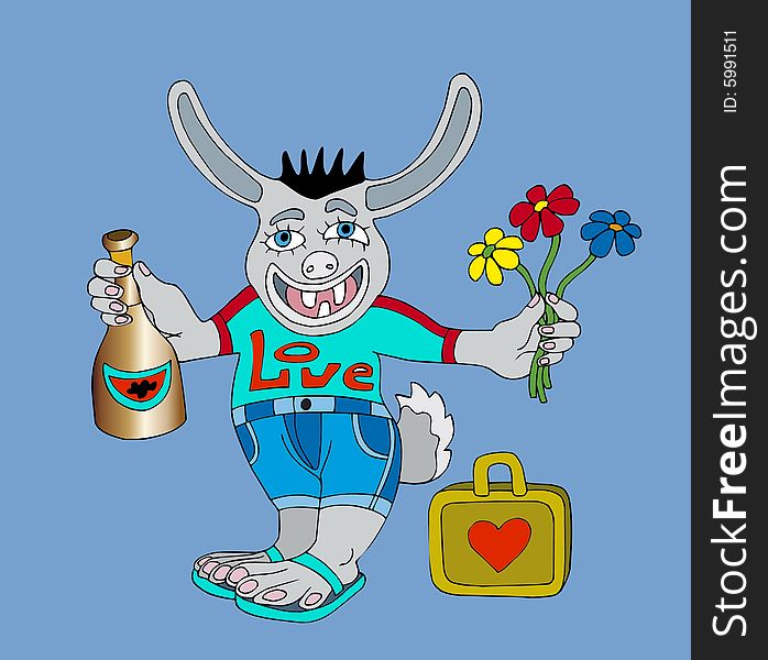 Happy  hare with bouquet of flowers, cartoon character