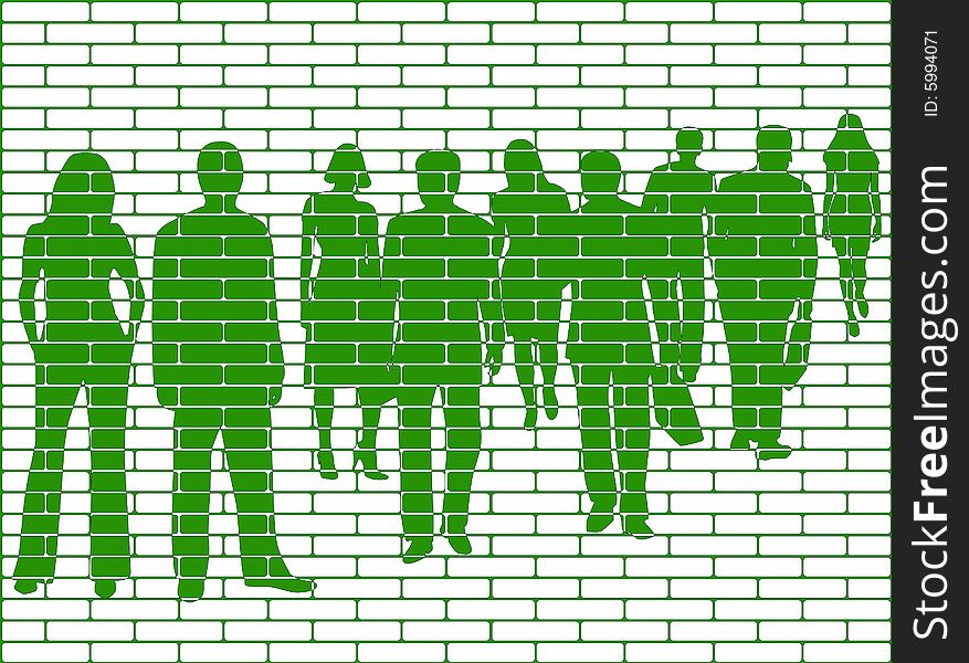 Illustration of people, wall, green