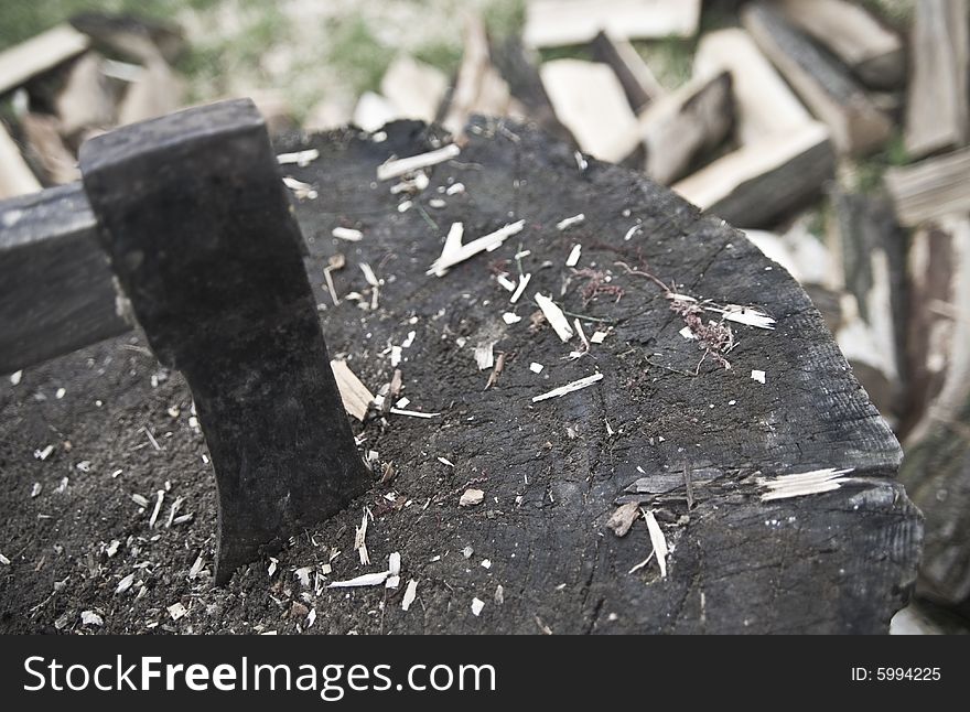 Cutting wood, axe, trunk, splinters. Cutting wood, axe, trunk, splinters.