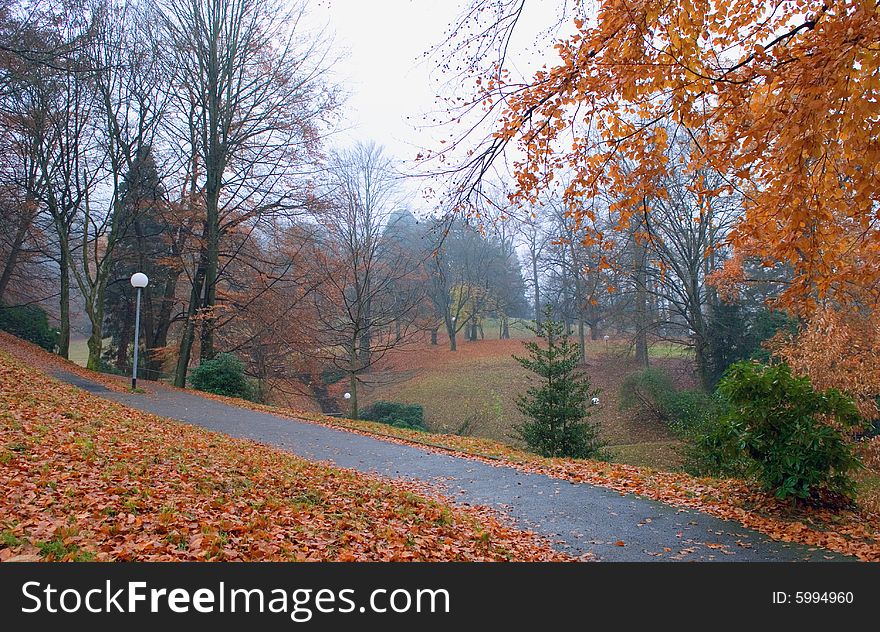 Autumn Park, Rain Falling Leaves And Lanterns