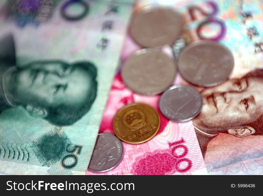 Chinese RMB currency, different banknotes and coins. Chinese RMB currency, different banknotes and coins.