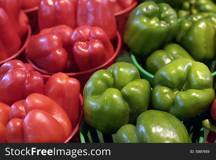 Red and green peppers at the market