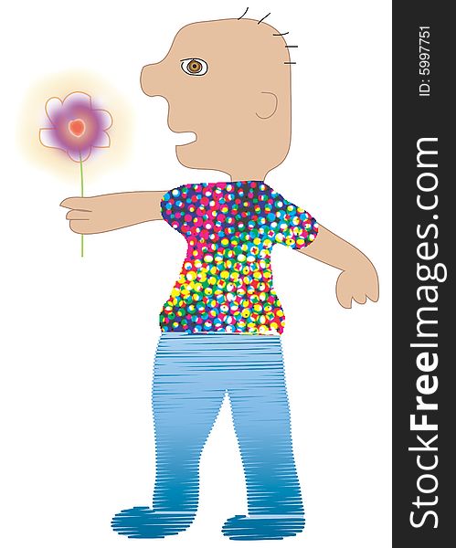Illustration, computer drawing, young man is holding flower. Illustration, computer drawing, young man is holding flower
